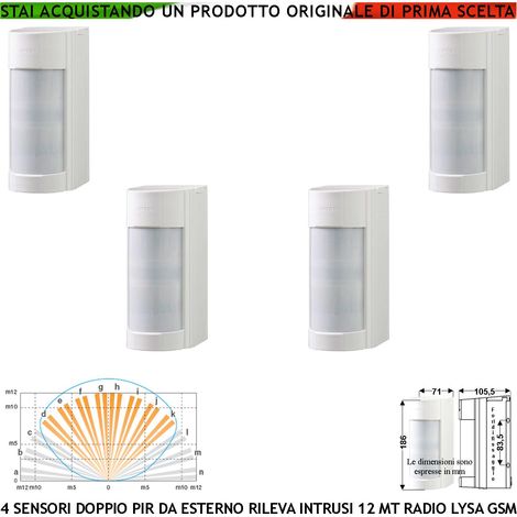 Doppio Infrarosso da Esterno 4 Pezzi Rilevatori di Movimento Allarme Radio Frequenza 433,92 MHz Anti Jamming Per Lysa GSM Sensore 90° Per 12 m 5 Livelli Basso Assorbimento Anticollisione Prot. IP55