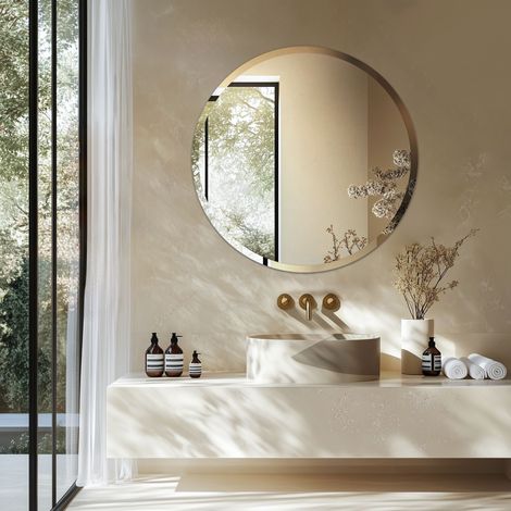 Round Bathroom Mirror Wall Mounted Modern Stylish Design with Contemporary Bevelled Edges - 60cm