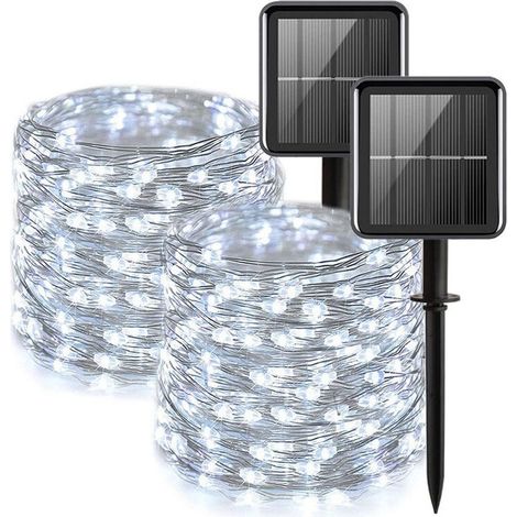 [2 Pack] Solar String Lights Outdoor, 100 PCS Waterproof LED Solar Fairy Lights 12M 8 Patterns Copper Wire String Lights for Garden Patio Wedding Christmas Party, Cool White (1/5)