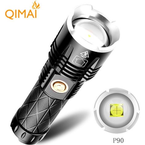 (1619 sans piles) Lampe torche XHP90, en alliage d'aluminium, rechargeable par USB. (1/4)