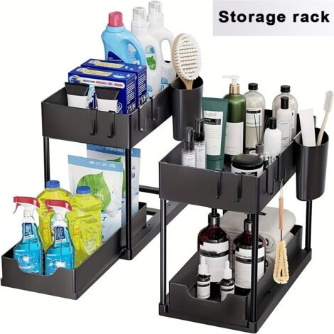 Lot de 2 organisateurs sous évier – Tiroir coulissant pour accès facile – Rangement cuisine et salle de bain – Noir – 8 crochets inclus (1/5)