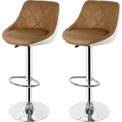 ®Tabouret de bar 2, chaise de cuisine moderne, avec dossier repose-pieds sans accoudoirs en similicuir chromé design pivotant réglable en hauteur, marron-blanc (1/5)