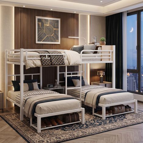 Creahappy Lit Superposé Triple 140x200 et 2x 90x200 cm - Gain de Place avec Étagère et Rangement Chaussures - Métal Blanc (1/5)