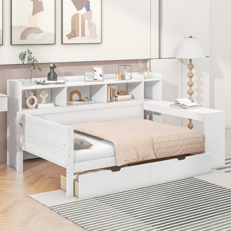 Cama dormitorio con escritorio y carga integrada blanca OKMYHOME (1/5)