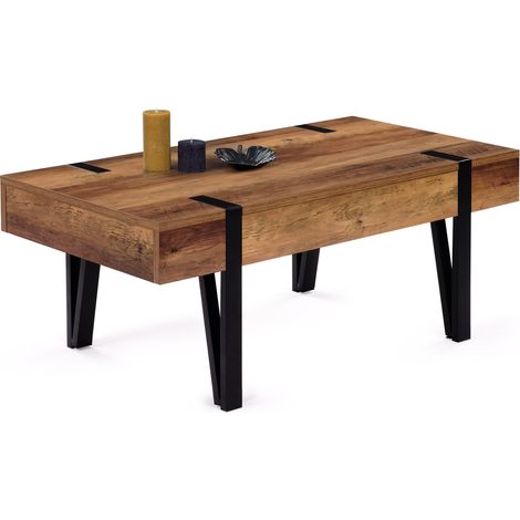 Idmarket – Table basse fixe 100 cm – Rectangulaire avec tiroir – Bois MDF et métal noir – Style industriel – Dimensions 100x55x40 cm