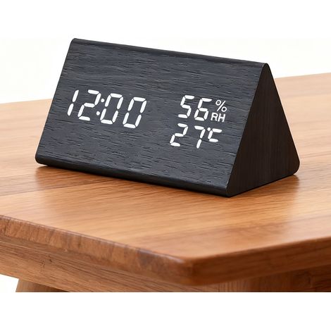 Réveil numérique avec boîtier en bois, affichage électronique de l'heure par LED, double mesure de la température et de l'humidité, idéal pour les chambres et les nuits d'enfants. (1/5)