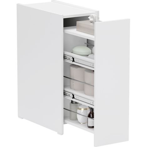 Schmaler Badezimmerschrank, Bodenschrank mit tiefer Schublade, Freistehender Badschrank, Spanplatte, Weiß