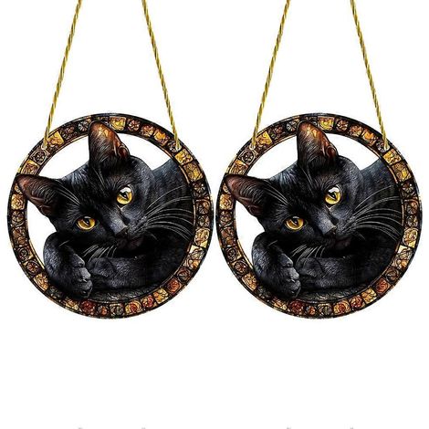 Dekorativer Acryl-Anhänger in Form einer schwarzen Katze mit Kette, für Fenster oder Veranda. (1/5)