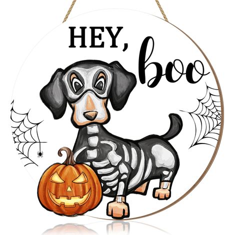 Panneau en bois à suspendre Halloween avec un chien fantôme - Motif « Hey Boo » avec squelette, citrouille et toile d'araignée, décoration festive pour porte d'entrée, jardin, mur et maison (1/5)