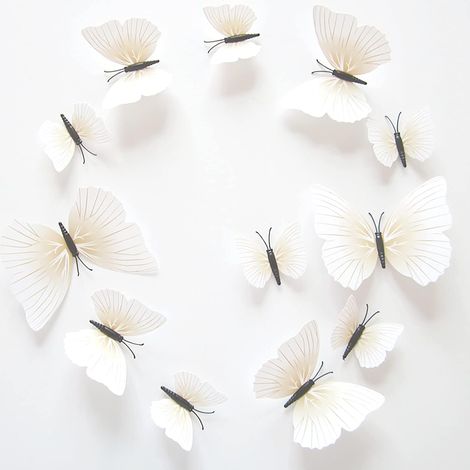 Set mit 12 weißen Schmetterlingsaufklebern, 3D-Schmetterlings-Wandaufkleber, wasserfest und magnetisch, für Kühlschränke mit Klebeband, für die Schlafzimmerdekoration