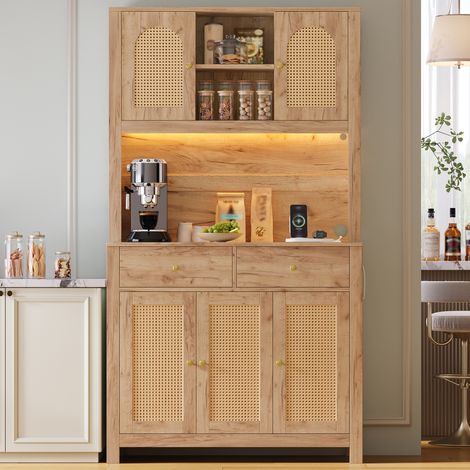 Buffet haut de cuisine 100x40x180 cm avec 5 portes en rotin naturel, 2 tiroirs, LED RGB via application, 2 prises, 2 ports USB, meuble en MDF (1/5)