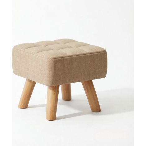 CHICFURN Taburete reposapiés cuadrado tapizado en tela marrón claro, otomana pequeña con asiento acolchado capitoné y patas de madera, ideal dormitorio o tocador (1/5)