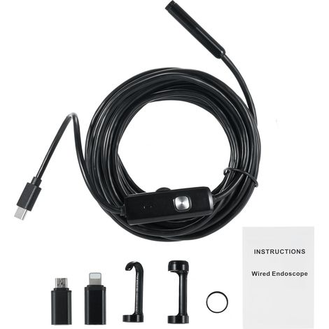 Caméra endoscopique à double objectif avec éclairage pour iOS et Android, résolution 1920p, étanchéité IP68, longueur 2 m, semi-rigide, type serpent, 8+1 LED réglables. (1/5)