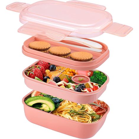 Boite Bento à 3 Couches avec Séparations, Lunch Box pour Enfant et Adulte Boite Lunch sans BPA (Rose) (1/5)