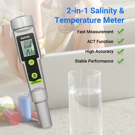 Stylo salinomètre étanche 2 en 1 pour tester la salinité et la température. Mesure de la salinité et de la température. Plage de mesure : 0 à 199,9 ppt. Conversion °C/°F. Mesure la salinité et la temp (1/2)