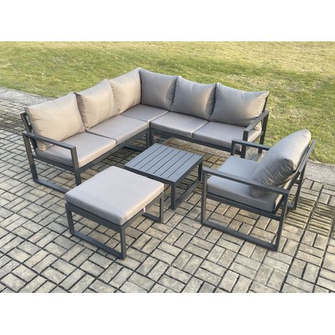 Fimous Outdoor Garden Furniture Set Aluminium Lounge Sofa Square Coffee Table Sets with Chair Big Footstool Indoor Conservatory Set Dark Grey (1/5)
