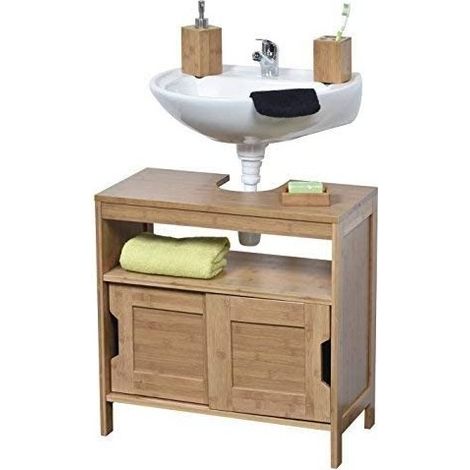 Madeinnature – Meuble bas de salle de bain en bambou – 1 porte + 1 étagère + 2 niches – Dimensions 70x60x30cm – Résistant à l'humidité (1/4)