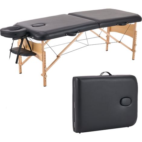 Table de Massage Pliante 2 Zones 70 cm, Hauteur Réglable en Bois avec Appui-Tête et Accoudoirs, Table Portable pour Massage, Esthétique et Tatouage – Noir (1/5)
