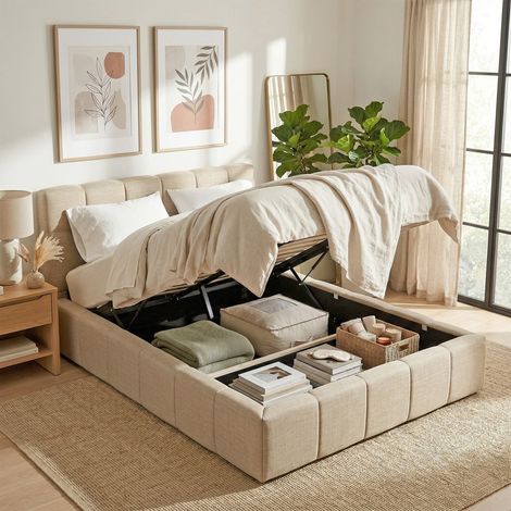 Lit coffre 180x200 cm ELIAS + sommier / Beige/