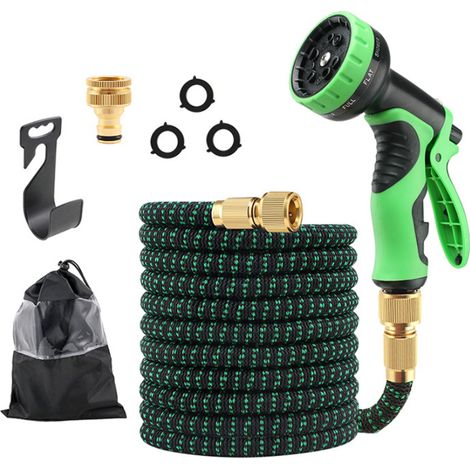 Tuyau d'Arrosage Extensible 15m - Tuyau d’Eau Réglable avec 1/2'' et 3/4'' (19mm et 13mm) Adaptateurs, 10 Modes d'Arrosage, Raccords en Laiton et Sac