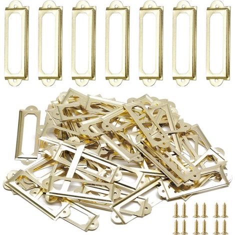 Porte-étiquettes – Lot de 50 – En métal – Pour meubles, tiroirs, placards, cartes, plaques nominatives de bureau, bibliothèques, étagères – Doré – 60 x 18 mm (1/5)