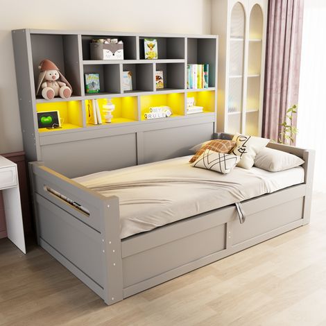 Sofá cama de madera, 90 x 200 cm, espacio de almacenamiento multifuncional con iluminación LED, compartimento de almacenamiento hidráulico, cama individual, estructura de cama juvenil con enchufes, gr (1/5)