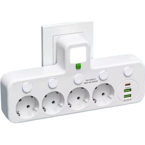 Multiprise Murale avec 4 Prises EU, 2 Ports USB, 1 Port Type-C, Interrupteurs Individuels (4p + USB Blanc) (1/4)