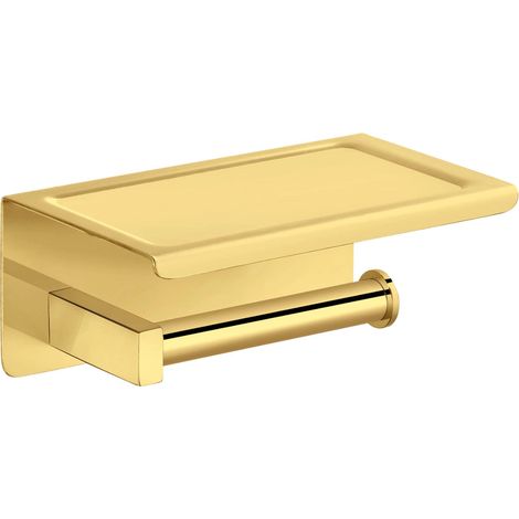 BALNEO - porte-papier toilette avec étagère en acier inox doré brillant - dérouleur QUBE inoxydable - support papier WC en métal (1/2)