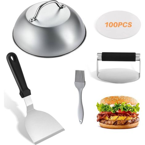 Ensemble presse-burger en acier inoxydable, comprenant presse-burger, cloche à fromage, spatule, pinceau et 100 feuilles de papier absorbant, pour de délicieux hamburgers, galettes, grillades, steaks (1/5)