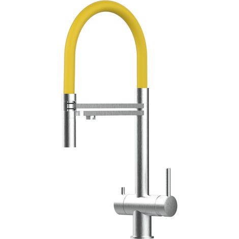 Rubinetto 3 vie miscelatore lavello cucina VIZIO in Acciaio INOX Spazzolato - Canna gialla movibile e doccia due getti staccabile - ACCIAIO CHIRURGICO AISI 316 (1/5)
