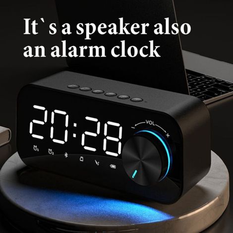 Réveil avec radio numérique, haut-parleur Bluetooth, affichage LED de l'heure et de l'alarme et surface miroir pour bureau - Blanc (1/5)