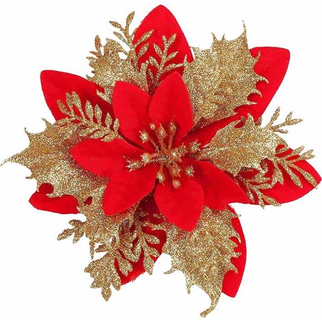 Décoration Arbre - Fleur Artificielle - 16 Pièces - Diamètre 15 cm - Rouge Or Argent Bleu Clair - Tissu Plastique