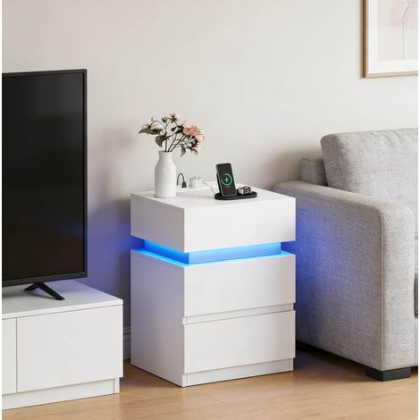 Comodino 35x40x55 cm con stazione di ricarica, luce LED regolabile, 2 cassetti, legno, bianco (1/5)