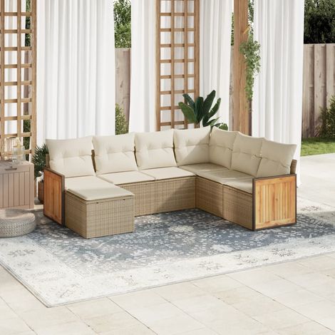 Canapé de jardin 7 pièces en résine tressée beige avec coussins lavables – Modulaire, UV résistant, charge 110 kg (1/5)