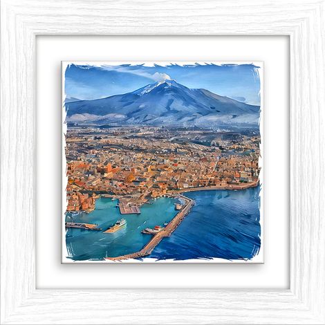 Lupia - Quadro moderno con paesaggi e localismi italiani, Ceramica e Stampa Rilievo, Cornice Legno Shabby Modern bianca, Decorazione Parete, Quadretti Soggiorno, 29x29 cm, CATANIA PANORAMA ETNA (1/4)