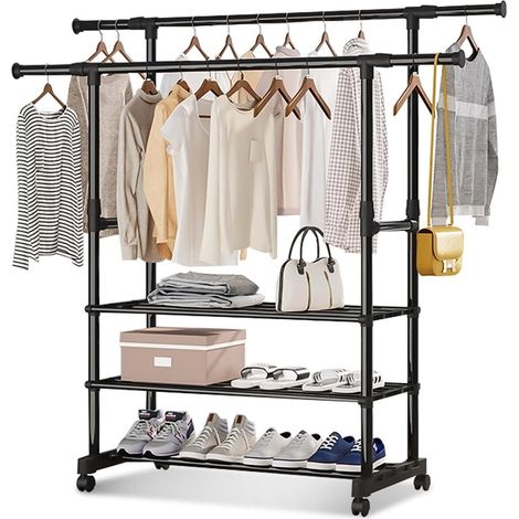 TRADE SHOP - Appendiabiti Da Terra Stand Con Ruote 3 Scomparti Portaoggetti Doppio Bastone A Scomparsa - (1/5)