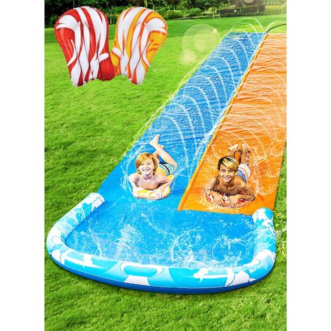 32,5ft/990,6cm Toboggan Aquatique Ultra Long à Double Piste, Toboggan avec arroseur et 2 Planches gonflables pour Enfants et Adultes, fête d'été, Jardin, activités Aquatiques en extérieur
