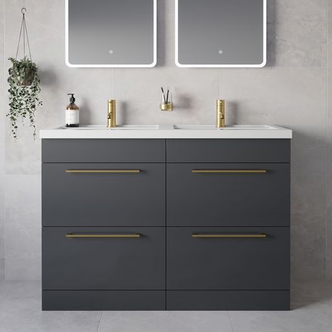 Napoli 390 Gloss Grey 1200mm 4 Drawer Vanity Unit with Double Lucia Basins - 1200mm - Brushed Brass 320mm Handle