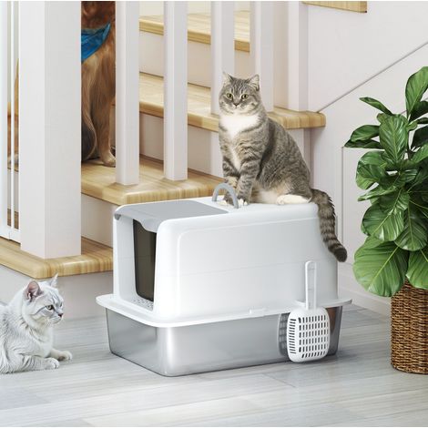 Litière pour chat avec couvercle, acier inoxydable, blanche HAVRYA (1/5)
