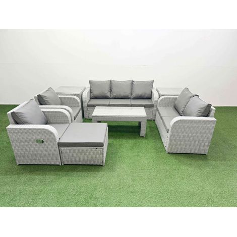 Fimous PE Rattan Garden Furniture Set Adjustable Chair Sofa Double Love Seat 2 Seater Sofa Lounge Set Rectangular Coffee Table Big Footstool 2 Side Table Light Grey (1/4)
