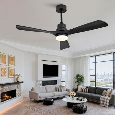 Ventilatore da soffitto in legno massello da 52 pollici, 3 pale, LED dimmerabile, telecomando, 6 velocità, nero (1/5)