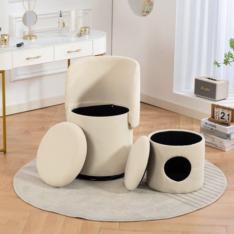 Sillón barril giratorio beige en pana con almacenaje integrado y taburete auxiliar (1/5)