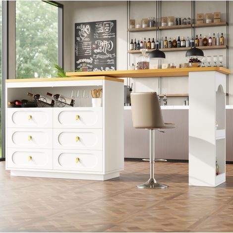 Table de bar extensible en MDF blanc 137-203 x 39 x 90 cm, pivotante à 360°, avec 6 tiroirs et rangement latéral (1/5)