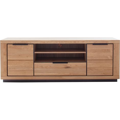 Meuble TV 2 portes 1 tiroir et 2 niches ouvertes coloris chêne massif huilé - Longueur 183 x Hauteur 65 x Profondeur 54 cm (1/4)