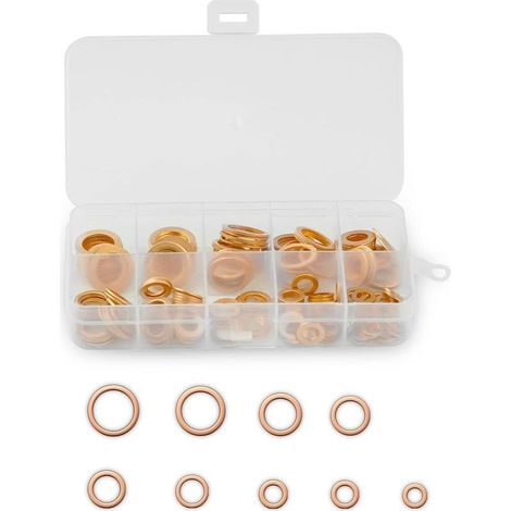 200 Pièces Cuivre Rondelles Metal, Rondelles plates en cuivre Bague d'étanchéité, Joints plats en laiton avec boîte de tri, convient aux fixations à vis (M5/M6/M8/M10/M12/M14) (1/3)