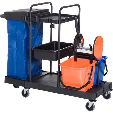 Carrito de limpieza profesional con prensa de cubo, 2 cubos de 18 L + almacenamiento, carrito multifunción para limpieza profesional (1/5)