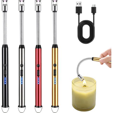 Lot de 4 briquets à Arc électrique, Rechargeables par USB, avec Serrure de sécurité et indicateur de Batterie, Portable à 360 °, Coupe-Vent, sans Flamme, pour Bougies, Barbecue (Rouge) (1/5)