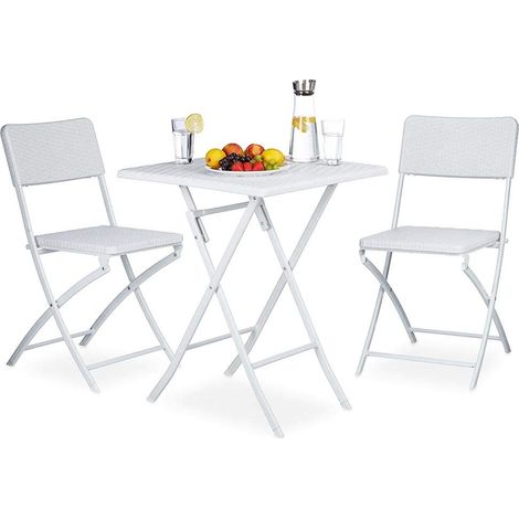 Set Table Pliante 62 x 62 cm + 2 chaises Pliantes ameublement extérieur Jardin terrasse Structure en Acier Inoxydable et sièges en rotin (Blanc) (1/3)