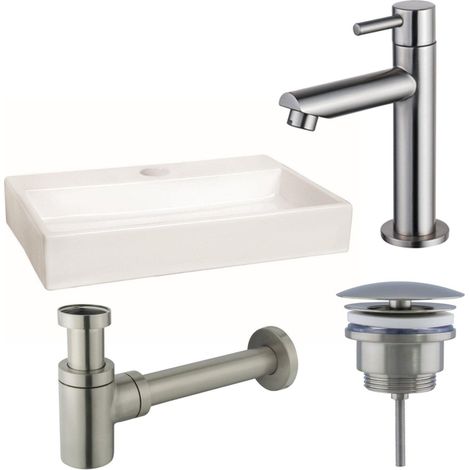 FugaFlow Eccelente Arredo Pack Lave-mains - 38x7x24cm - 1 trou de robinet - céramique - robinet Inox - Blanc