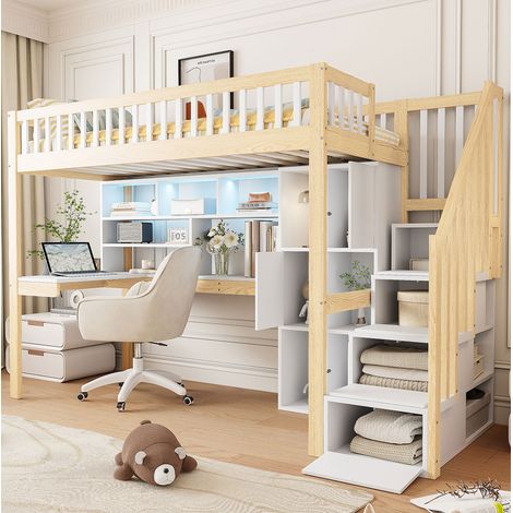 Lit mezzanine 90x200 cm blanc et naturel en pin avec bureau, rangements et éclairage LED (1/5)